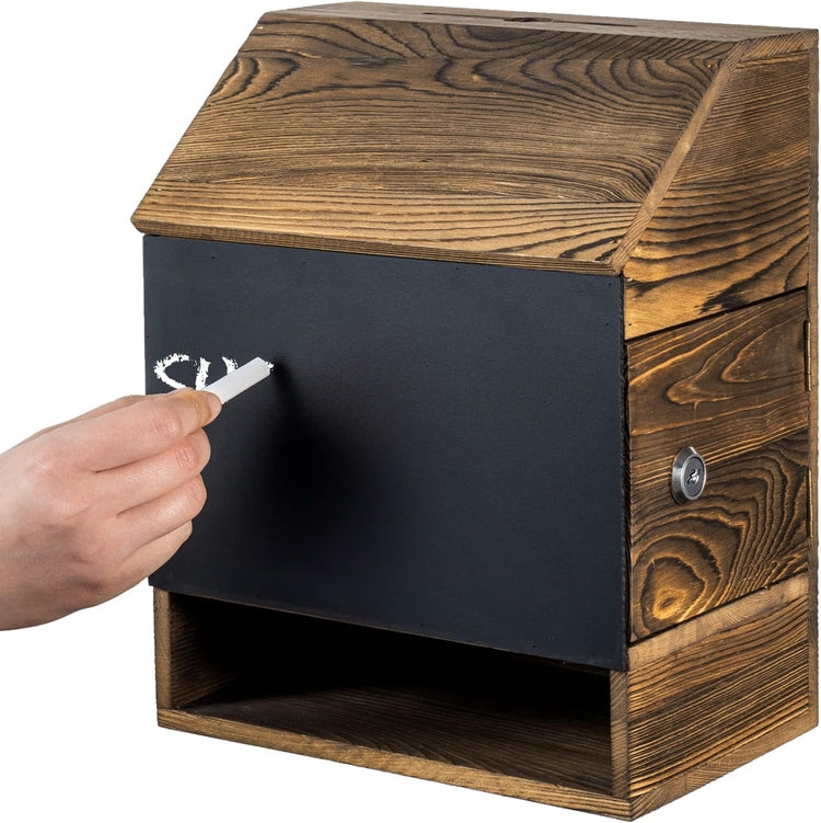 Wall Mountable Burnt Wood Comment Box with Chalkboard Surface, Lock, and Keys, Collection Suggestion Ballot Tip Box-MyGift