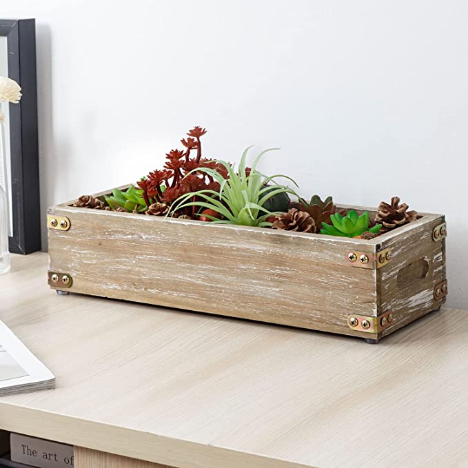 Artificial Succulent Plant in Whitewashed Wood Planter, Tabletop Window Box Planter with Vintage Brass Metal Corner Wraps and Handles-MyGift