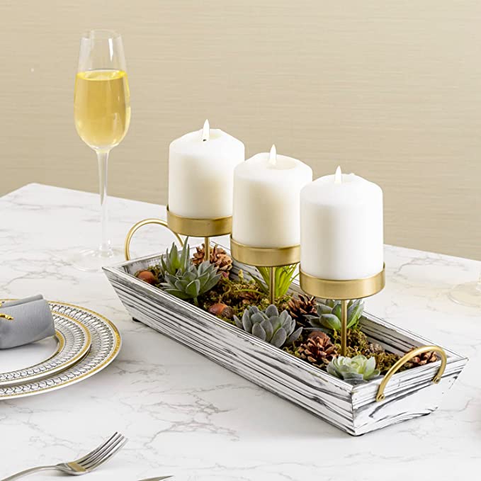 3-Pillar Candle Holder Centerpiece, Tabletop Candleholder with Artificial Succulent Plants-MyGift