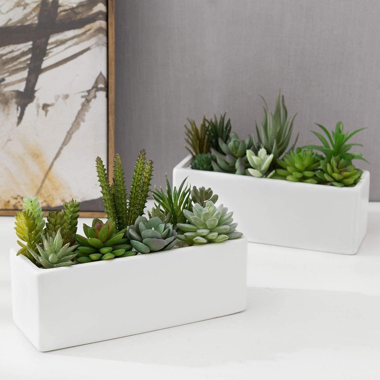 Set of 2, 10 Inch Modern Matte White Rectangular Ceramic Wall Mounted Hanging Planter Boxes-MyGift