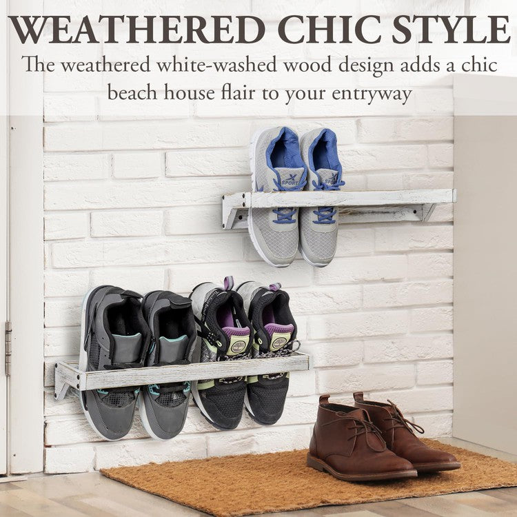 Wall Mounted White Wood Shoe Rack Storage Organizer, Hanging Footwear Holder for Closet, Mudroom, Entryway, Holds 4 Pairs-MyGift