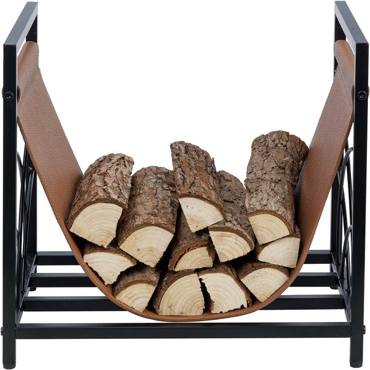 Black Metal Firewood Stand with Leatherette Sling, Freestanding Fireplace Wood Storage Rack, Split Log Kindling Holder-MyGift