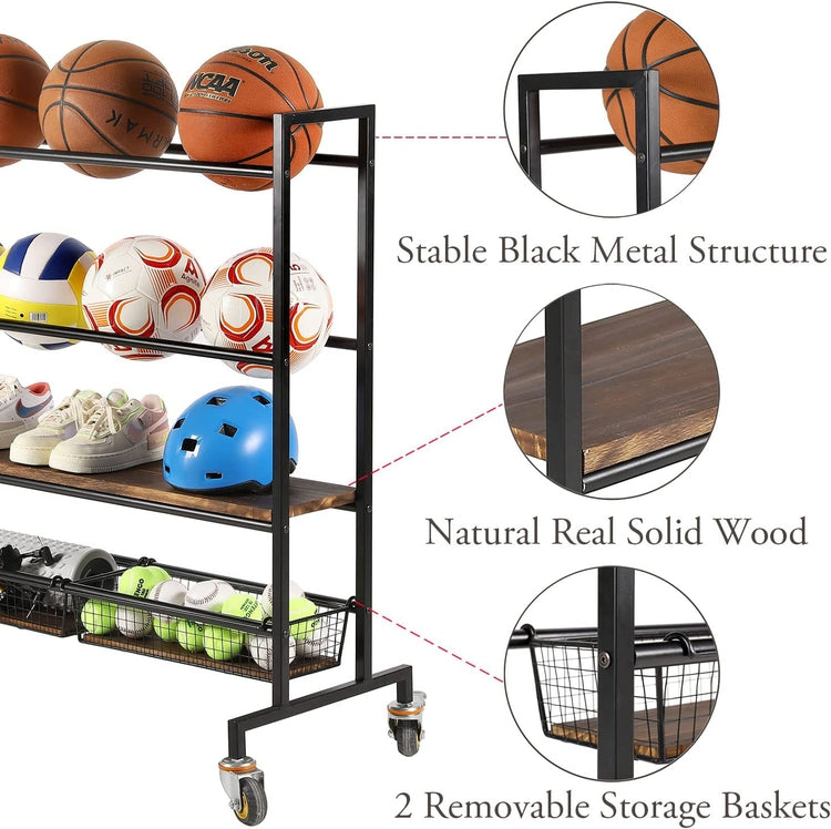 Heavy Duty Black Metal Sports Equipment Rolling Rack with Wood Shelves, Gym Ball Cart with Wire Storage Baskets-MyGift