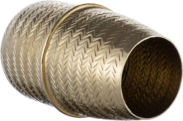 10 Inch Tall Brass Tone Aluminum Metal Flower Vase with Arrow Engraved Woven Pattern, Tabletop Centerpiece Décor-MyGift