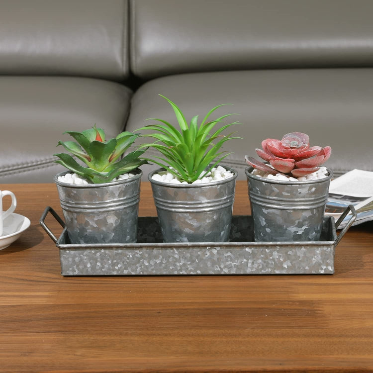 4 Piece Set Galvanized Metal Planter Buckets Small Succulent Plant Pots and Removable Display Tray with Handles-MyGift
