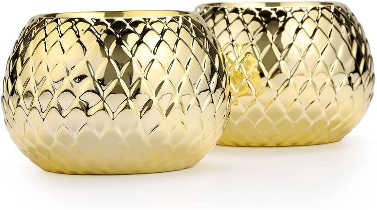 Brass Tone Diamond Patterned Round Ceramic Tealight Votive Candle Holders, Set of 2-MyGift