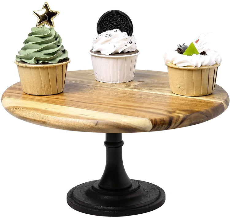 11 inch Natural Acacia Wood Round Cake Stand, Dessert Serving Display Pedestal with Black Base-MyGift