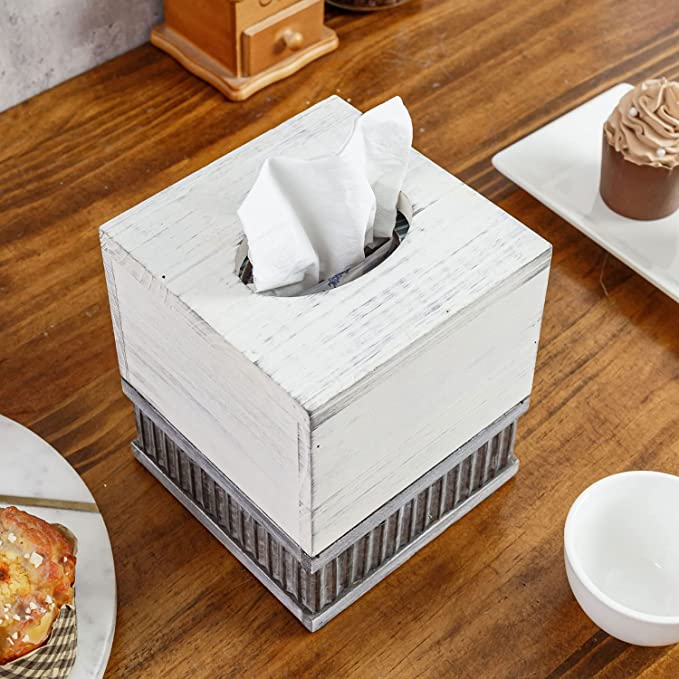 Vintage White and Galvanized Corrugated Metal Facial Tissue Box