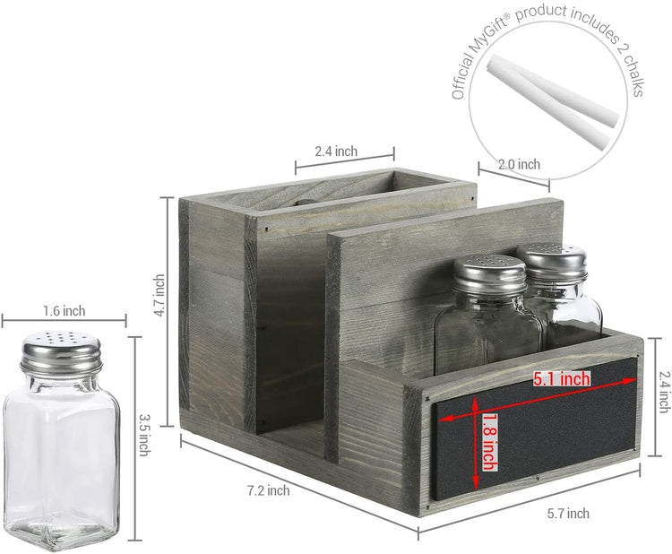 All-in-one Gray Wood Condiment Serving Caddy with Napkin Holder, Dining Utensil Organizer, 3 Salt and Pepper Shakers and Chalkboard Surface-MyGift