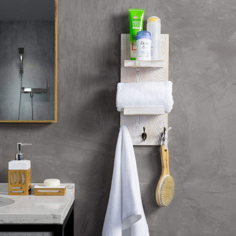 Whitewashed Wood Wall Mounted Bathroom Storage Rack with 3 Metal Hooks-MyGift