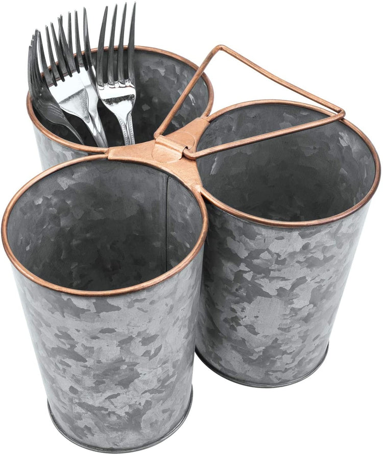 Galvanized Metal 3-Compartment Picnic Flatware Caddy with Copper Finished Rim and Handle-MyGift