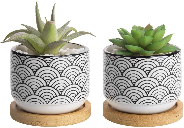 Set of 2, 3-inch Black and White Japanese Style Wave Ceramic Planter with Removable Bamboo Tray-MyGift