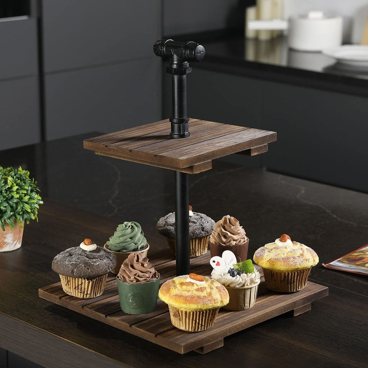 Burnt Wood and Black Metal Industrial Pipe 2-Tier Cupcake Holder Display Rack Stand-MyGift