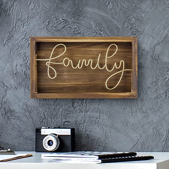 Burnt Solid Wood Framed Wall Art Sign with Brass Tone Metal Wire Cursive Family Word Sign-MyGift