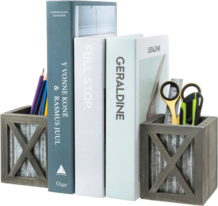 Gray Wood and Corrugated Galvanized Metal Bookends, Desktop Book Ends with Pen Holder Pencil Cup Stationery Storage Bins-MyGift