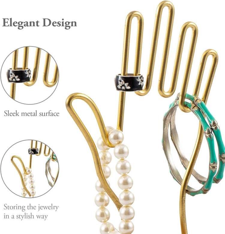 Brass-Tone Metal Hand-Shaped Jewelry Holder Stand with Acacia Wood Ring Tray, Wire Jewelry Tree-MyGift