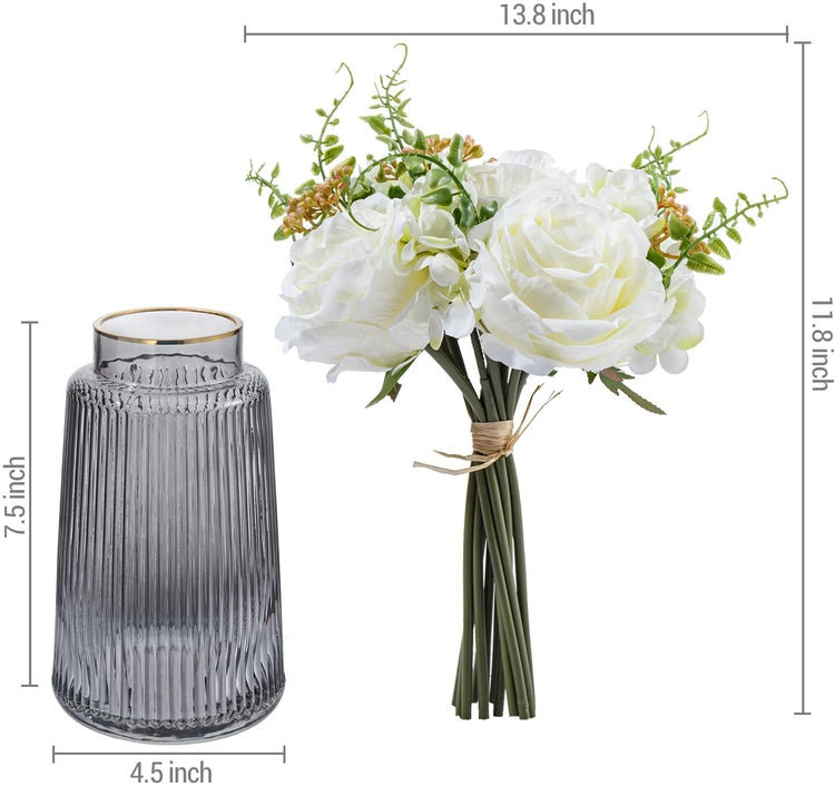 Artificial White Roses with Stems, Fake Flowers Bouquet with Gold Rim Vertical Ribbed Gray Tinted Glass Vase-MyGift