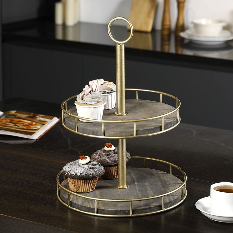 Gray Wood and Matte Black Metal Tabletop Cupcake Holder Server, 2 Tier Dessert Display Riser Stand-MyGift