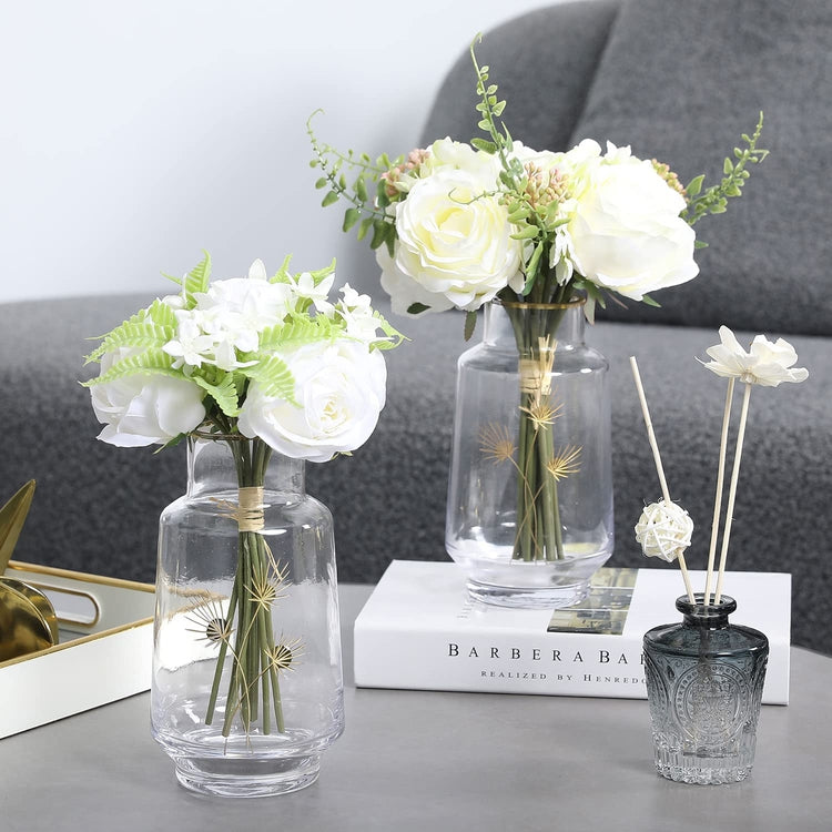 Set of 2, Clear Glass Flower Vase Decorative Embossed Dandelion Design and Gold Tone Rim-MyGift