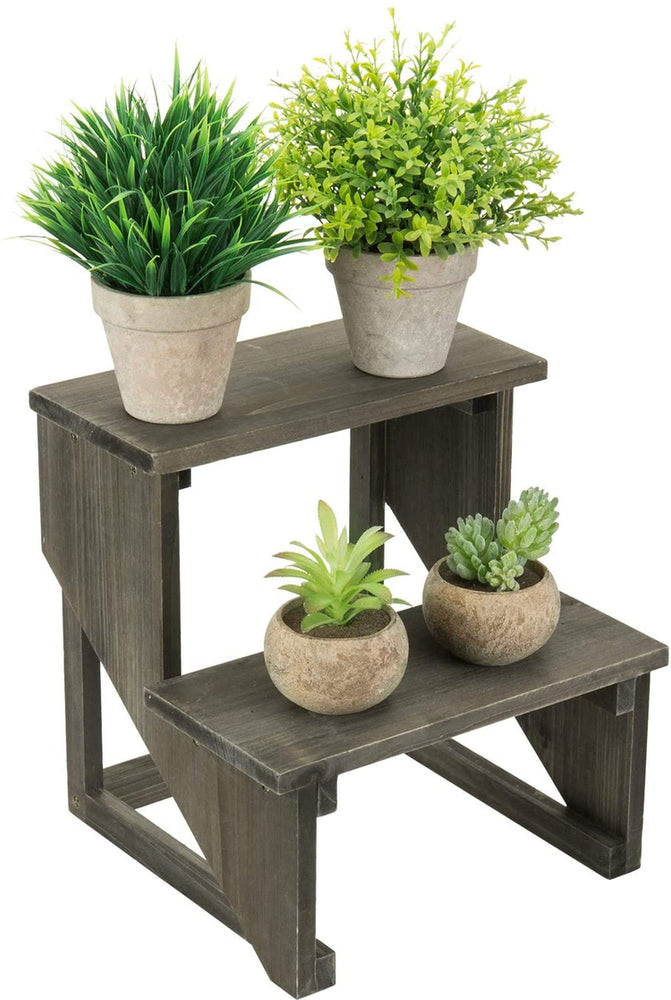 2 Tier Rustic Reclaimed Style Dark Gray Wood Flower Pot Planter Stand Riser Display Shelf-MyGift
