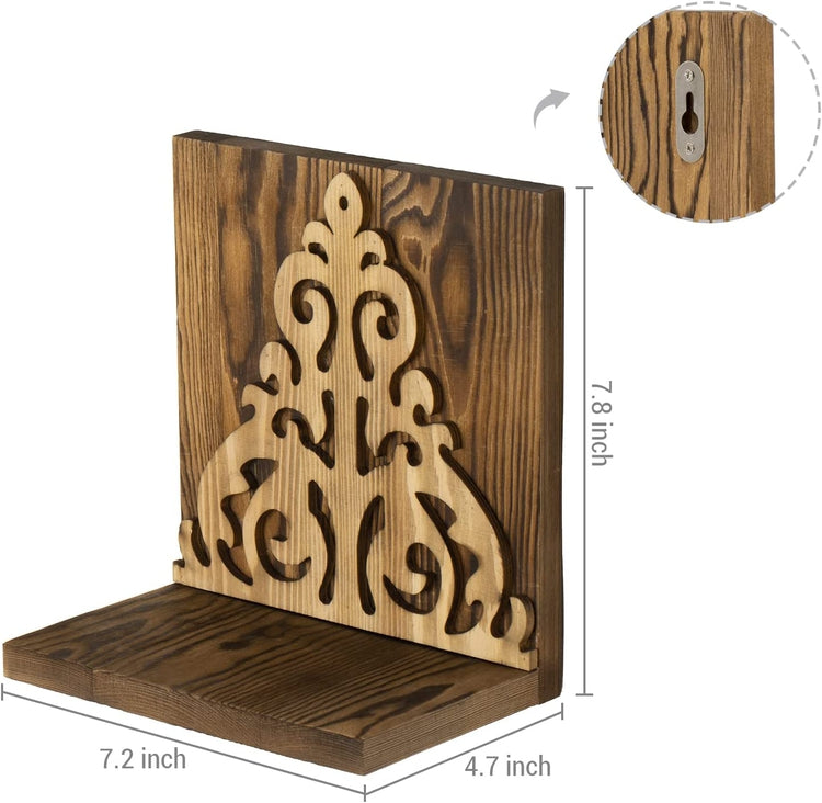 Set of 2, Floating Shelves, L-Shaped Wall Mounted Burnt Wood Display Shelf with Carved Scrollwork Decal Accent-MyGift
