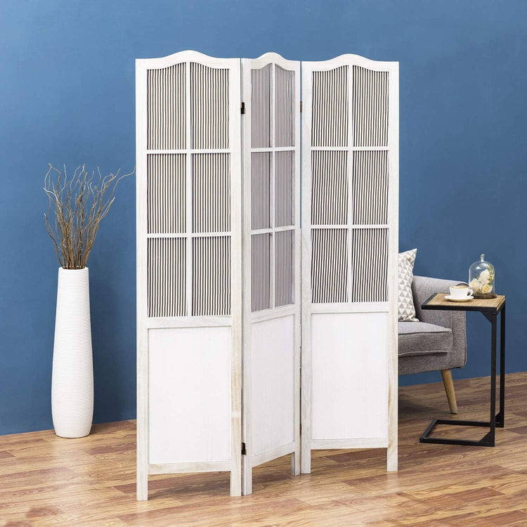 3-Panel Whitewashed Wood Parisian Style Room Divider with Vertical Striped Fabric Screens-MyGift