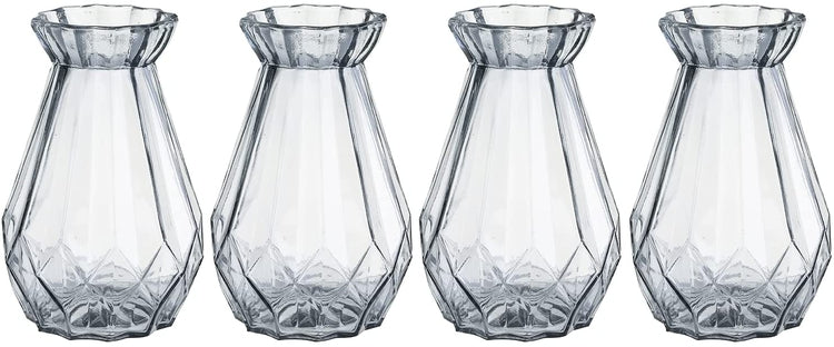 Set of 4, 6 Inch Clear Gray Glass Diamond-Faceted Decorative Flower Vases Centerpiece Bud Floral Arrangements-MyGift