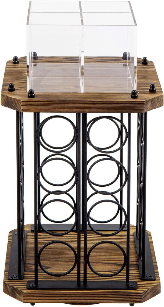Rotating Coffee Pod Holder Burnt Wood and Black Metal Wire, Café Supplies Capsule Storage Rack Display Spinning Stand-MyGift