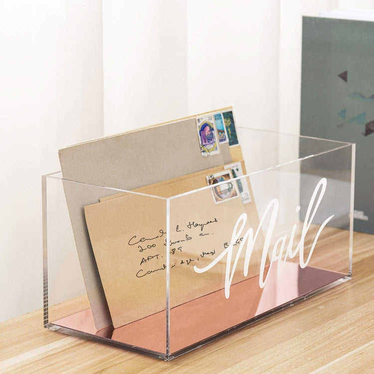 Clear Acrylic Tabletop Mail Holder Box with Rose Gold Mirror Base-MyGift