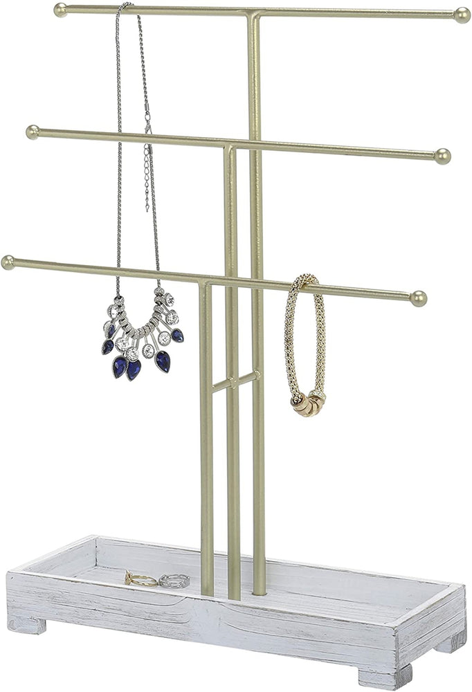 Silver-Tone Jewelry Stand with Vintage White Ring Tray and 3-Tiers-MyGift
