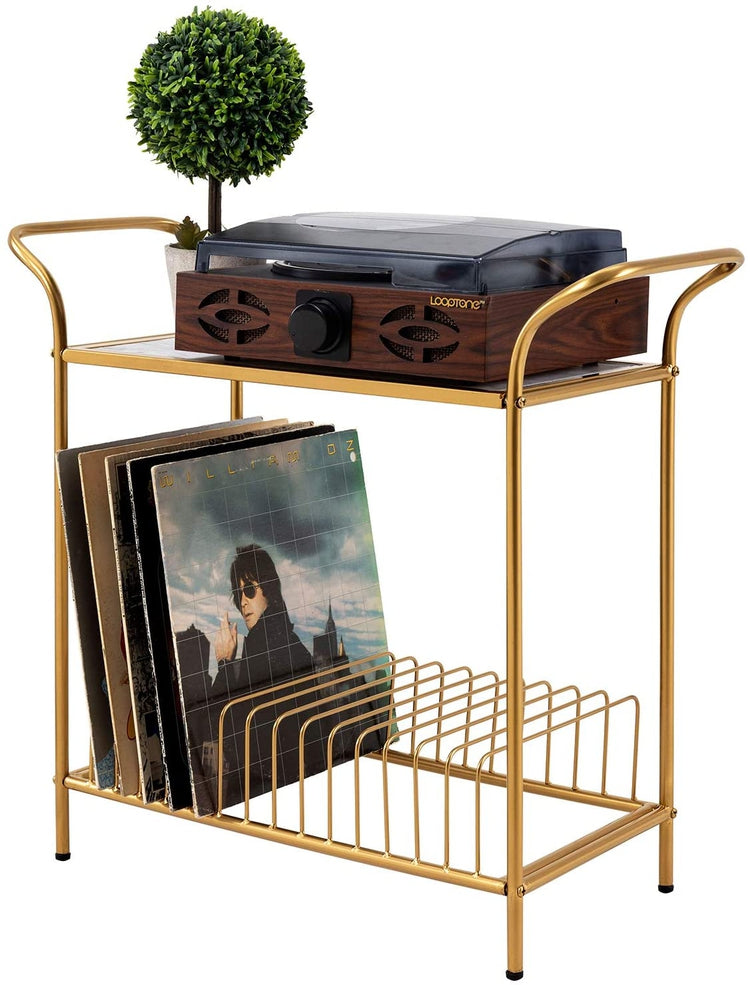 2-Tier Whitewashed Wood and Brass Tone Metal Record Player Media Stand with LP Album Storage Shelf-MyGift