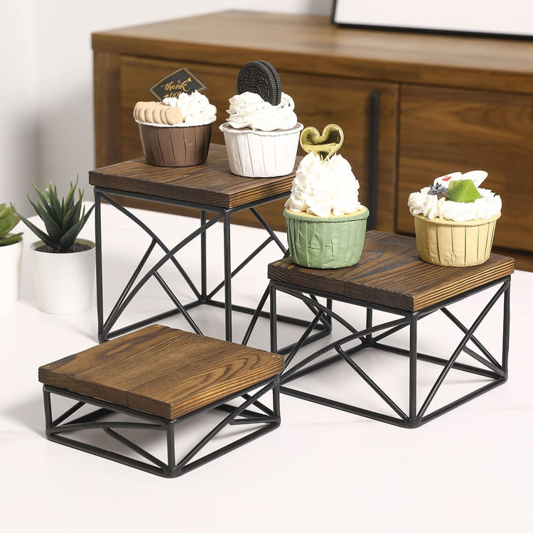 Set of 3, Square Dark Brown Wood and Black Metal Wire Nesting Dessert, Food Display Risers-MyGift