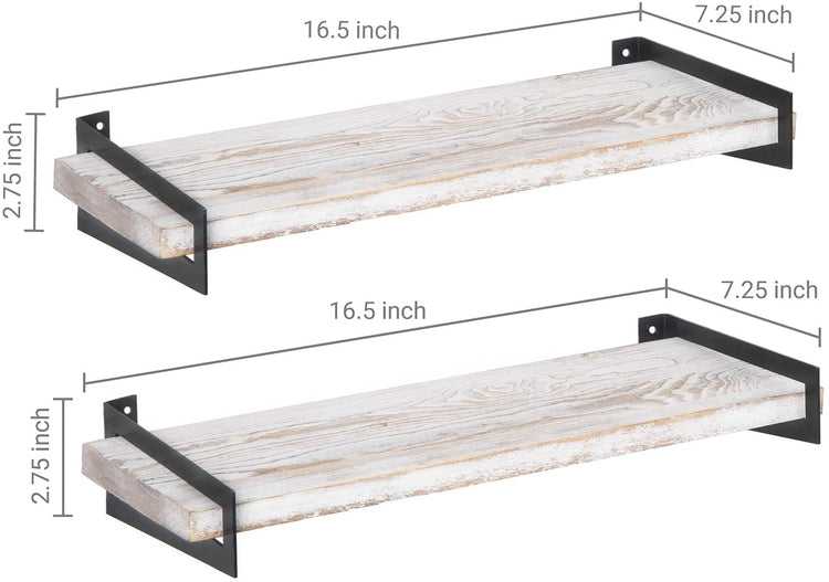 Set of 2, Whitewashed Wood 16-inch Wall Mounted Shelves with Black Metal Brackets-MyGift