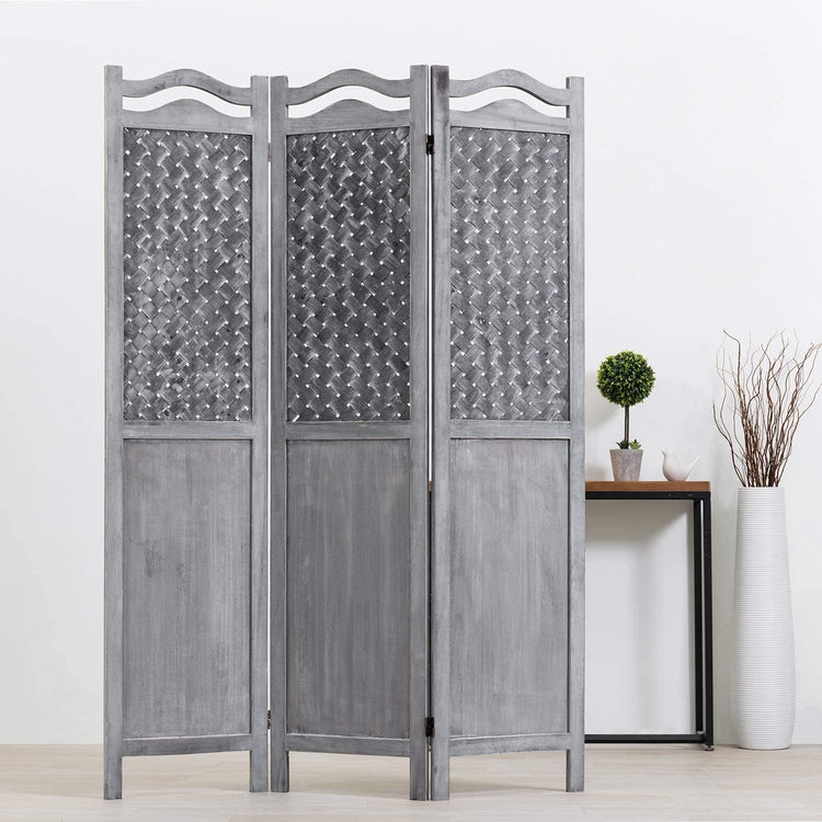 3-Panel Decorative Gray Woven Screen, Wood Framed Room Divider-MyGift
