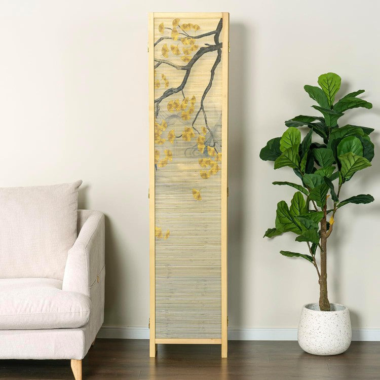 Paneled Bamboo Room Divider with Dual Sided Birds Gingko Biloba Tree Sunset Design, Freestanding Folding Privacy Screen-MyGift