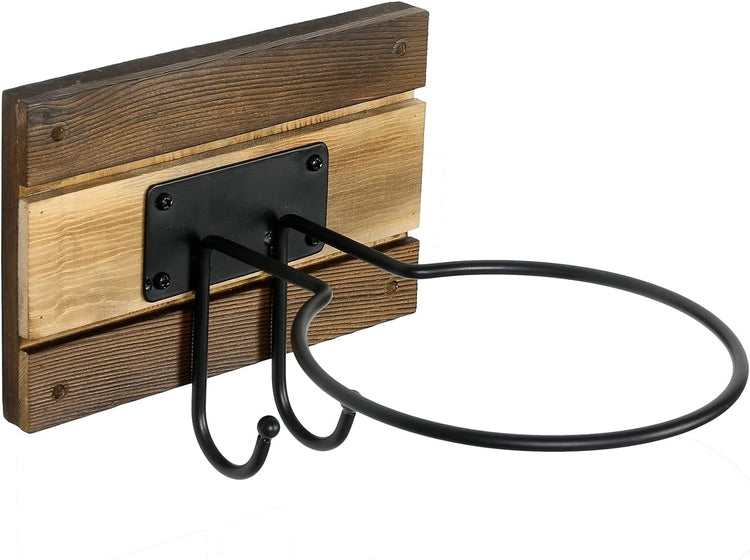 Wall Mounted Sports Storage Rack, Burnt Wood and Round Black Metal Ball Holder with Hanging Hooks-MyGift