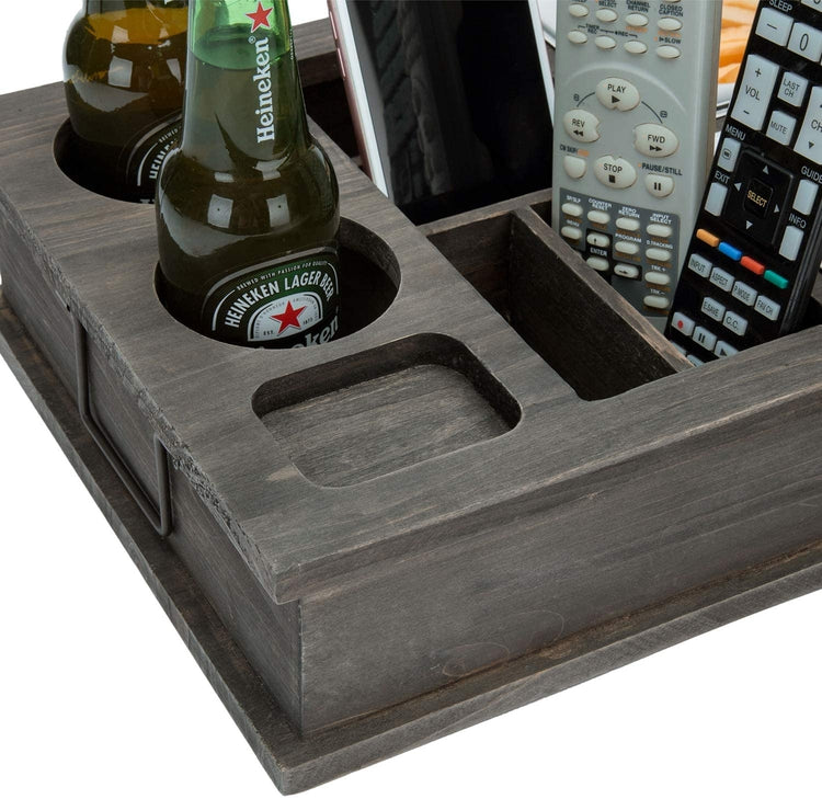Vintage Gray Wood All-in-One Snack Caddy with Remote Control, Phone and Cup Holders-MyGift