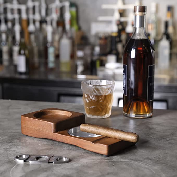 Wood Cigar Holder with Silver Metal Ashtray and Scotch Glass Wooden Coaster Tray, Cigar Whiskey Accessory Set-MyGift