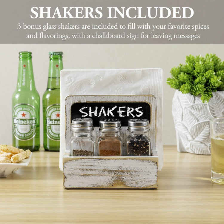 White Washed Solid Wood Napkin Holder and Spice Rack Caddy with Chalkboard Label and 3 Glass Shakers-MyGift
