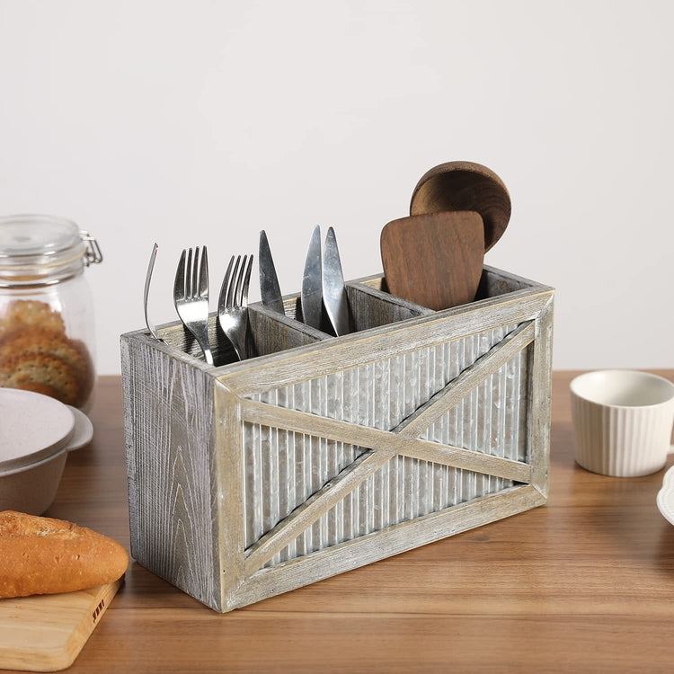 Countertop Kitchen Utensil Holder with Whitewashed Wood and Corrugated Metal, Wall Mounted Cooking Tool Caddy-MyGift
