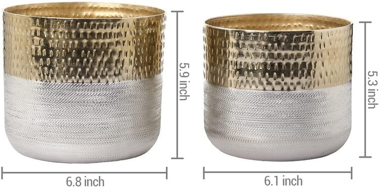 Set of 2, Metallic Indoor Planter Pot, Cylindrical Hammered Gold and Milled Embossed Silver Tone Metal Planter Vase-MyGift