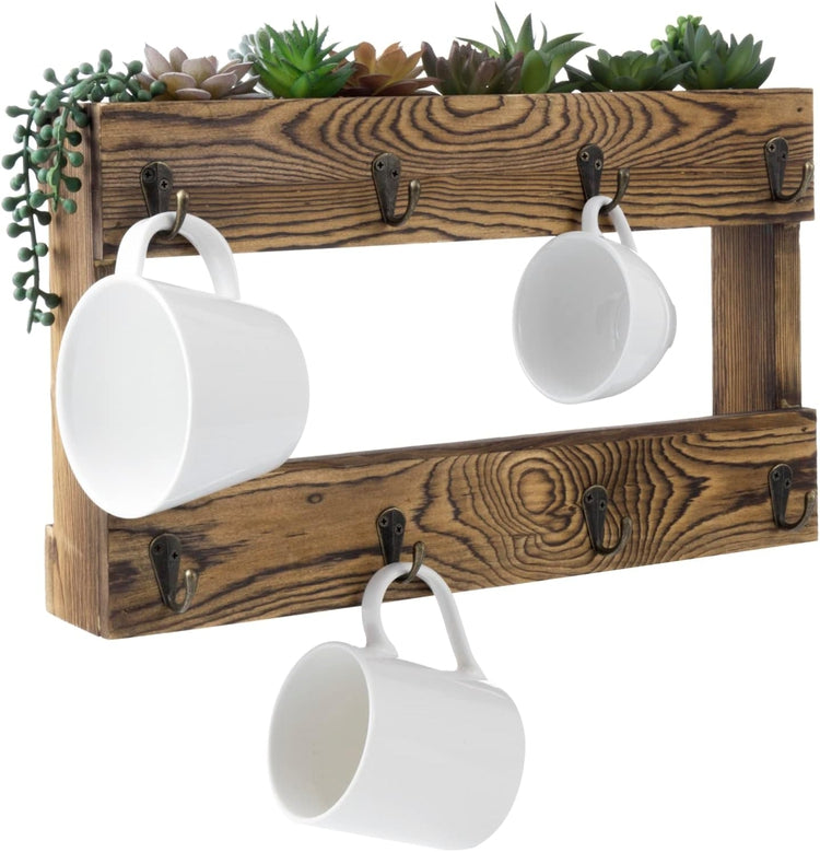 Wall Mounted 8-Hook Brown Wood Coffee Mug and Tea Cup Rack, Mug Hooks with Artificial Assorted Succulent Plants-MyGift