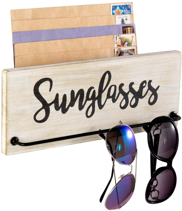 Whitewashed Wood Wall Mounted Sunglasses Rack and Mail Sorter Bin with Metal Hanging Bar and Cursive Sunglasses Label-MyGift
