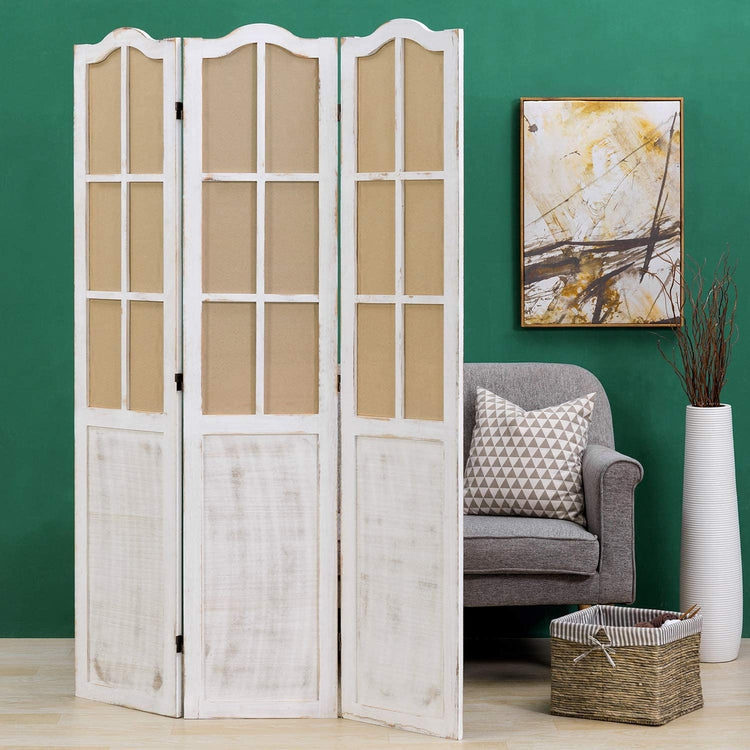 3 Panel, White Wood Room Divider, Folding Wooden Partition with Paneled Window Frame Design-MyGift