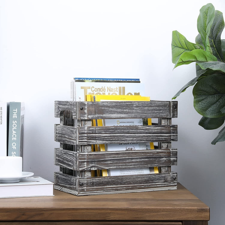 Torched Wood Magazine Holder Bathroom Storage Organizer Basket Crate with Cutout Handles-MyGift