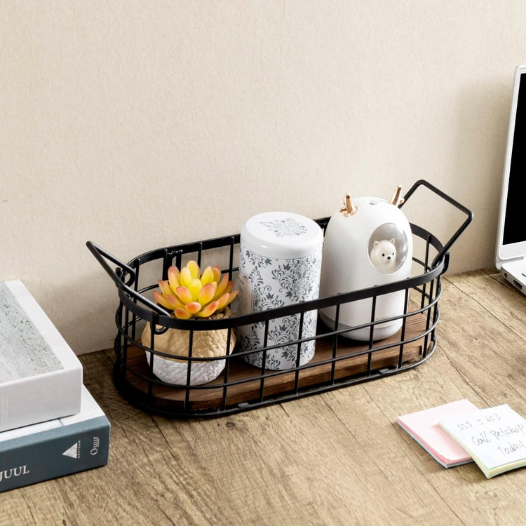 Nesting Storage Baskets, Wall Mounted or Tabletop Black Metal Wire and Oval Burnt Wood Small Baskets with Handles-MyGift