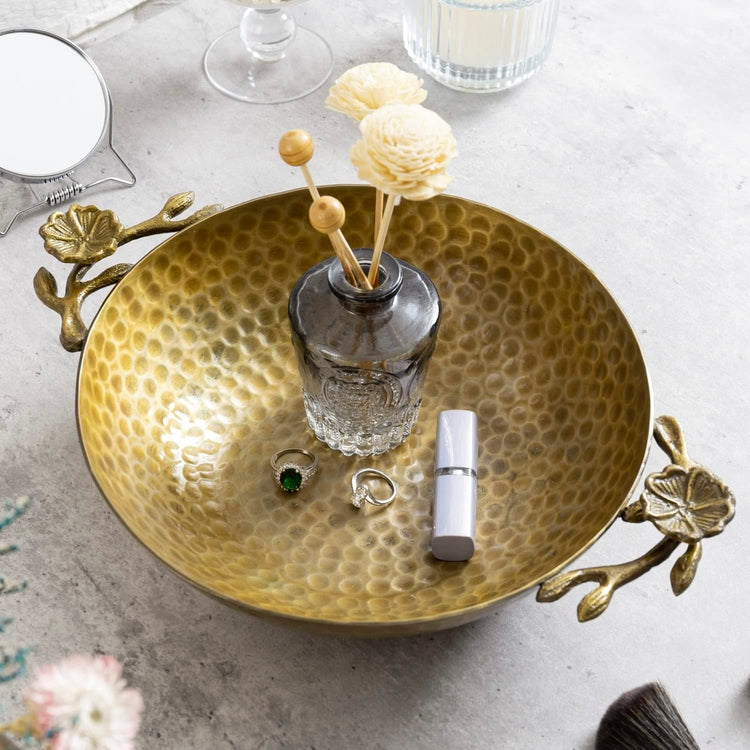 Brass Tone Hammered Metal Fruit Bowl with Floral Shaped Handles, Tabletop Centerpiece Tray Serving Platter Dish-MyGift