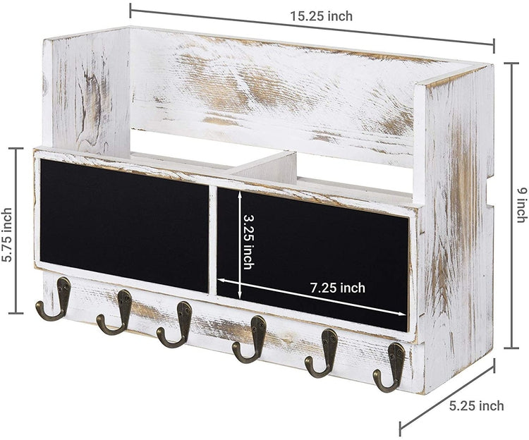 2-Slot Whitewashed Wood Mail Rack with Chalkboard and Key Hooks-MyGift