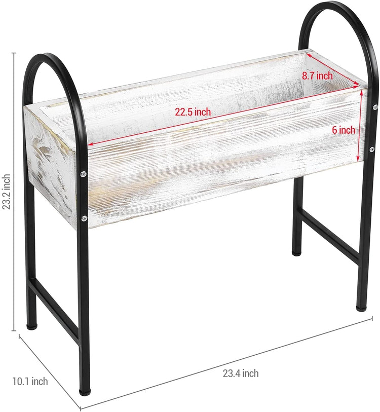 Whitewashed Wood and Black Metal Framed Rectangular Freestanding Indoor, Outdoor Raised Garden Planter Box Plant Stand-MyGift