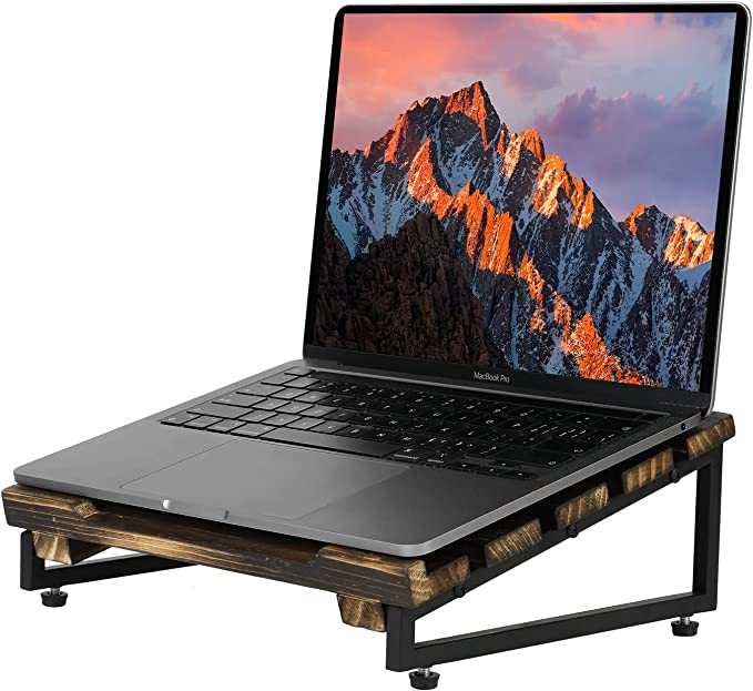 Laptop Burn Racks Portable Laptop Stand, Burnt Solid Wood and Matte Black Metal Angled L ...